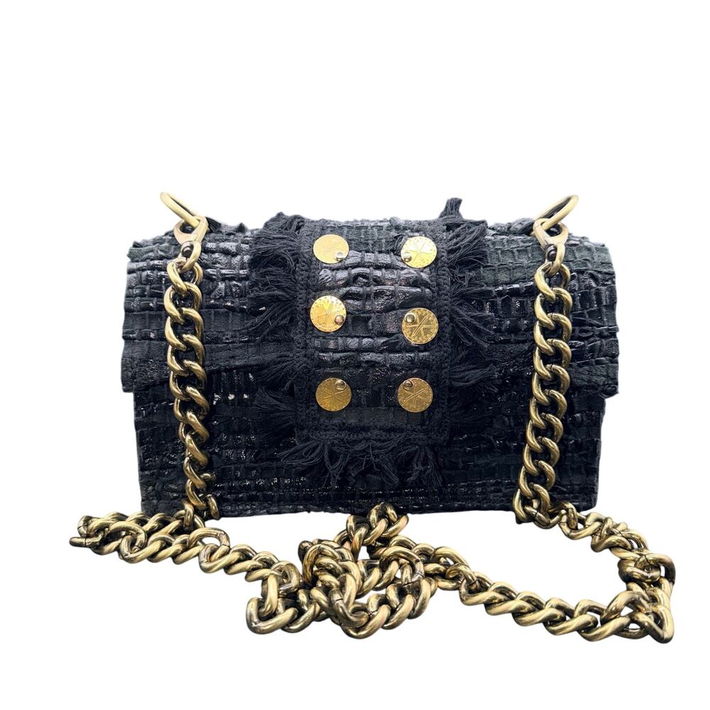 Kooreloo New Yorker Soho Black Leather Tweed Chain Crossbody Bag Greece
